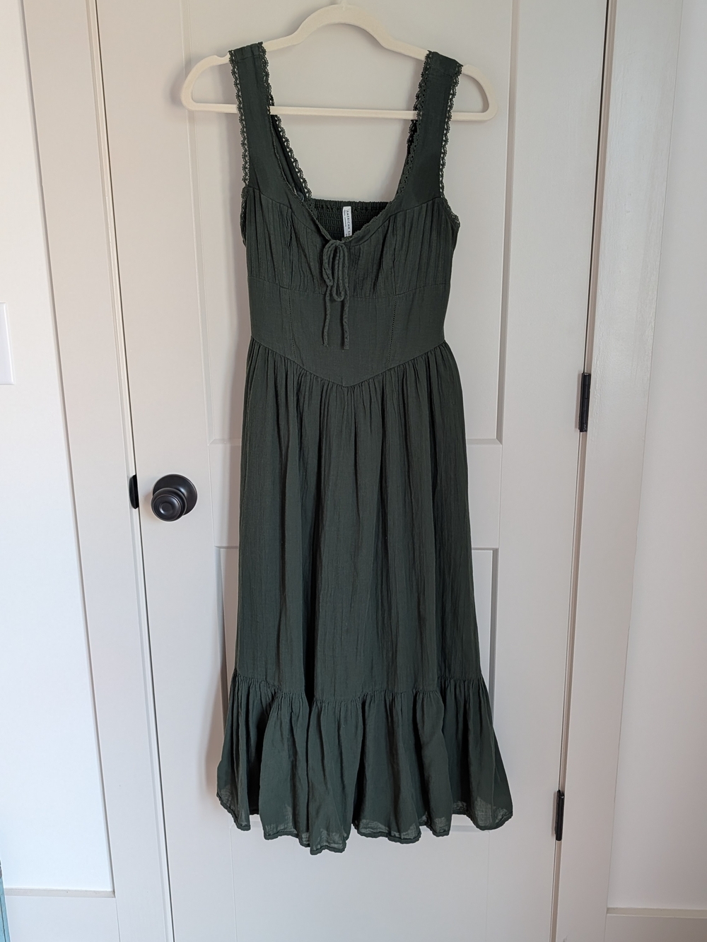 American Eagle Outfitters Olive Green Smocked Maxi Dress with Lace Straps